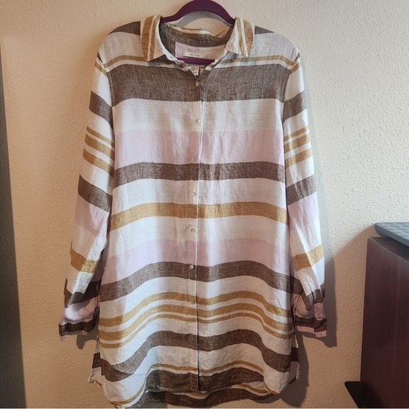 Rachel Zoe Tops - Rachel Zoe Linen Pink Brown Stripe Tunic Button Down Beach Cover Up Lagenlook XL